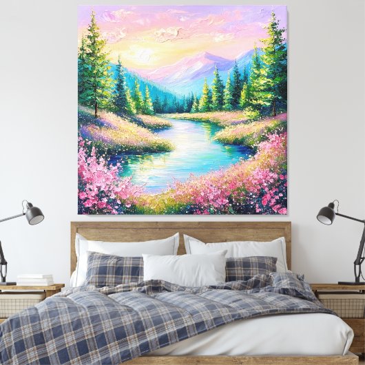 Zonsondergang over een serene stroom en bomen canvas afdruk (Insitu (Slaapkamer))
