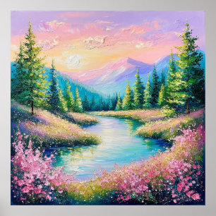 Zonsondergang over een Serene Stroom en Bomen Poster