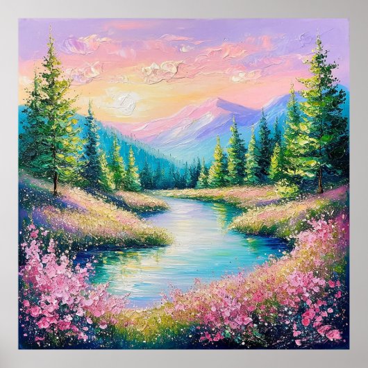 Zonsondergang over een serene stroom en bomen poster (Voorkant)