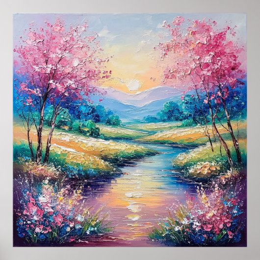 Zonsondergang over een serene stroom poster (Voorkant)