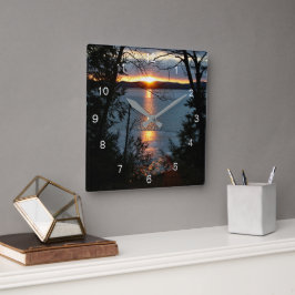 Zonsondergang over Forest Lake Wall Clock Vierkante Klok