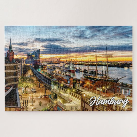 Zonsondergang over het mooie Hamburg, Duitsland Legpuzzel (Horizontaal)