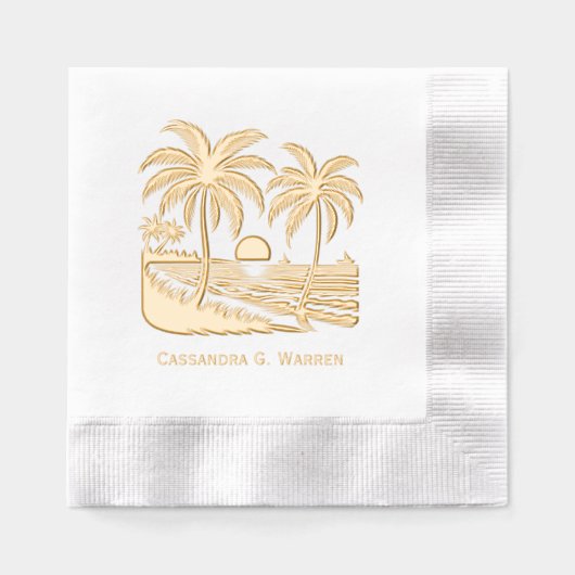 Zonsondergang over het strand, palmbomen met naam folie servetten (Voorkant)