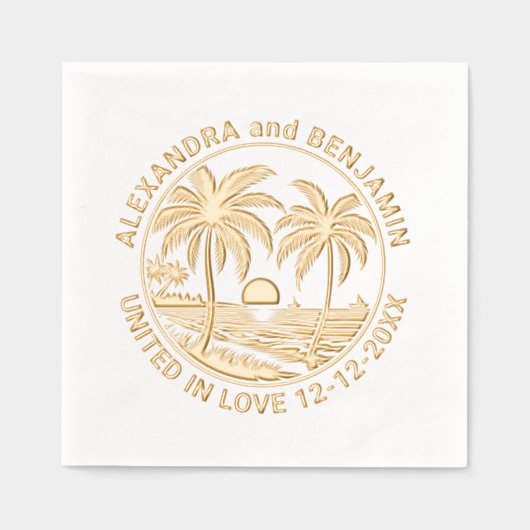 Zonsondergang over het strand, Palmbomen Trouwpaar Folie Servetten (Voorkant)
