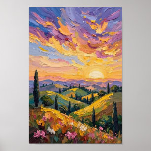 Zonsondergang over heuvellandschap vintage kunst poster
