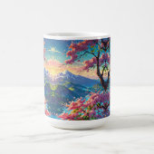 Zonsondergang over met sneeuw bedekte berg en bloe koffiemok (Center)