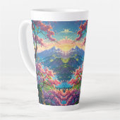 Zonsondergang over met sneeuw bedekte berg en bloe latte mok (Linkerhoek)