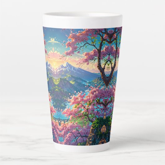 Zonsondergang over met sneeuw bedekte berg en bloe latte mok (Voorkant)