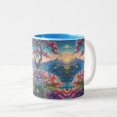 Zonsondergang over met sneeuw bedekte berg en bloe tweekleurige koffiemok (Voorkant rechts)