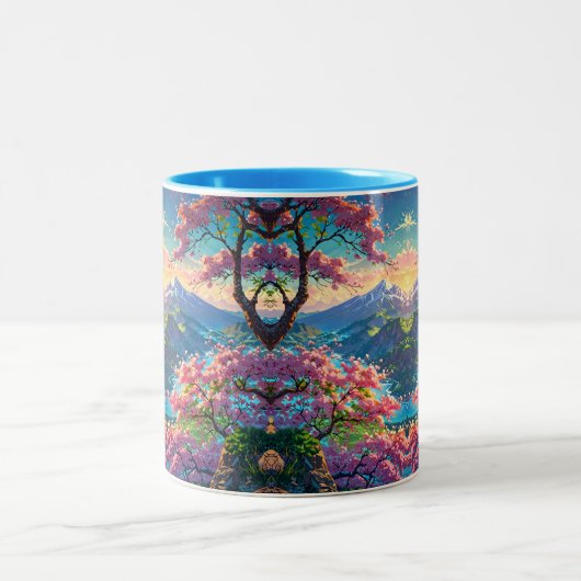 Zonsondergang over met sneeuw bedekte berg en bloe tweekleurige koffiemok (Center)