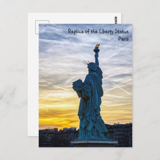 Zonsondergang over replica van het Liberty-standbe Briefkaart (Voorkant / Achterkant)