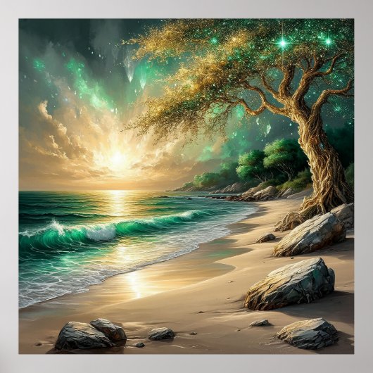 Zonsondergang over rustig strand met mystieke boom poster (Voorkant)