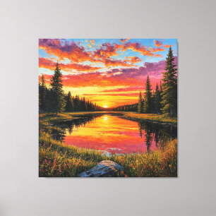 Zonsondergang over rustige bosrivier canvas afdruk