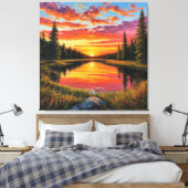 Zonsondergang over rustige bosrivier canvas afdruk (Insitu (Slaapkamer))