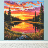 Zonsondergang over rustige bosrivier canvas afdruk (Insitu (Houten vloer))