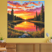 Zonsondergang over rustige bosrivier canvas afdruk (Insitu (Woonkamer))