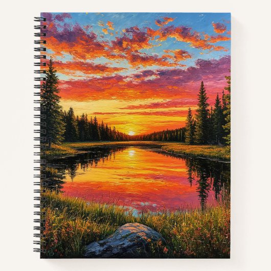 Zonsondergang over rustige bosrivier notitieboek (Voorkant)