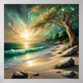 Zonsondergang over rustige strand met mystieke boo poster