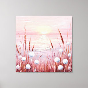Zonsondergang over veld met paardenbloemen canvas afdruk