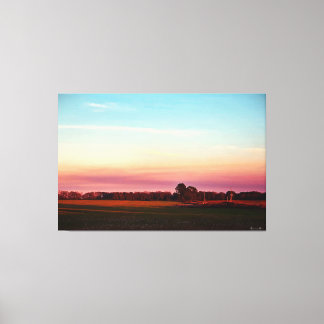 Zonsondergang Over Weelderig Veld Canvas Afdruk