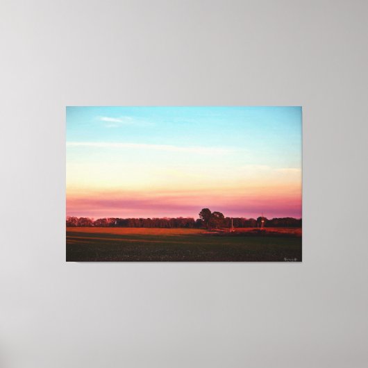 Zonsondergang Over Weelderig Veld Canvas Afdruk (Voorkant)