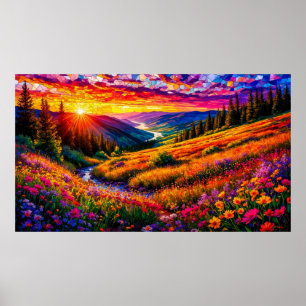 Zonsondergang over weide met wilde bloemen 🌅 Kleu Poster