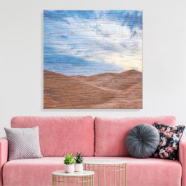 Zonsondergang over zandduinen op houtnerf foto canvas afdruk