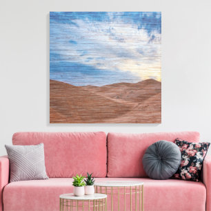 Zonsondergang over zandduinen op houtnerf foto canvas afdruk