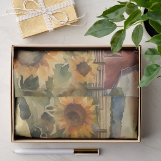 Zonsondergang over zonnebloemvelden waterverf deco tissuepapier (Geschenk)