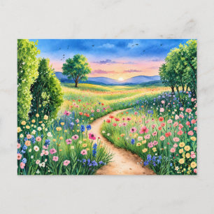 Zonsondergang Pad Door een Bloemenweide Briefkaart