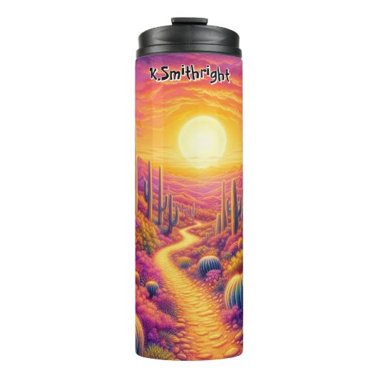 Zonsondergang pad door kleurrijke woestijn thermosbeker (Voorkant)