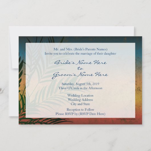 Zonsondergang Palm Tree Branch Bruiloft Uitnodigin Kaart (Achterkant)