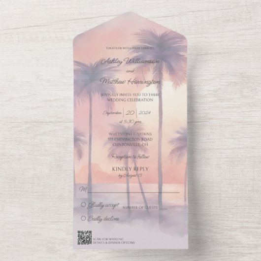 Zonsondergang & Palmbomen Alles in één bruiloft ui All In One Uitnodiging (Binnen)
