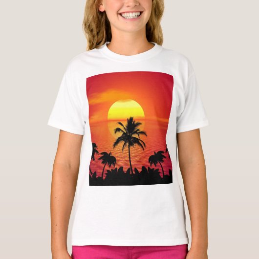 Zonsondergang palmbomen silhouetten illustratie t-shirt (Voorkant)