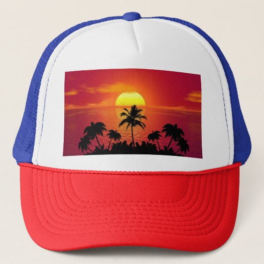 Zonsondergang palmbomen silhouetten illustratie trucker pet (Voorkant)