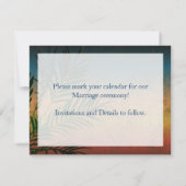 Zonsondergang Palmboomtak Save the Date Kaart (Achterkant)