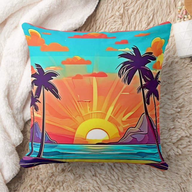 Zonsondergang Palmen: Tropisch Uitzicht Kussen (Deken)