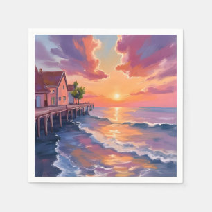Zonsondergang Pier Oceaan Golven Gouden Uur Zeelan Servet