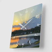 Zonsondergang reflectie en vogels silhouetten vierkante klok (Hoek)