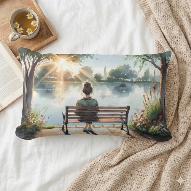 Zonsondergang Reflecties Meer Scene Kussen (Sunset Reflections Lake Scene Lumbar Pillow Mockup A )