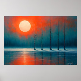 Zonsondergang Reflecties met Kale Bomen Poster