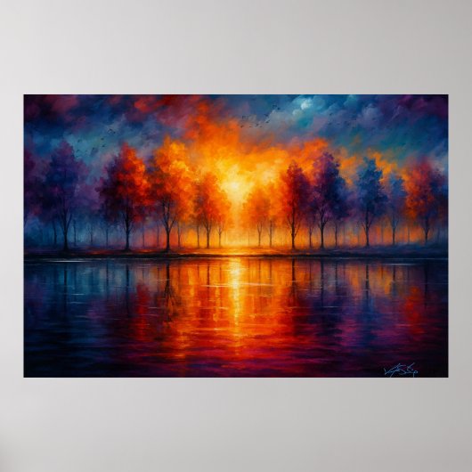 Zonsondergang Reflecties Over Herfstmeer Poster (Voorkant)