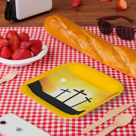 Zonsondergang Religieuze Kruisen Papieren Bordje