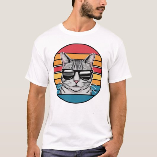 Zonsondergang Retro Bril Kat Vader Papa T-shirt (Voorkant)