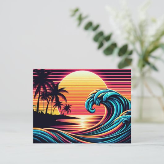 Zonsondergang Retro Surf Wave Briefkaart (Staand voorkant)