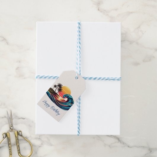 Zonsondergang Retro Surf-Wave Cadeaulabel (Met Touw)