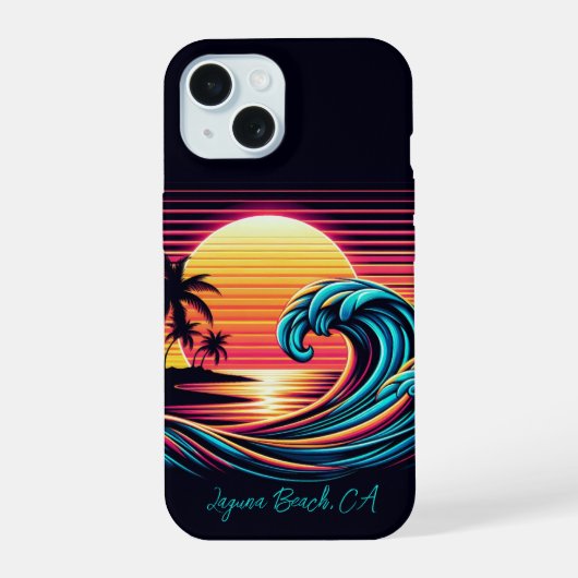Zonsondergang Retro Surf Wave iPhone 15 Case (Achterkant)