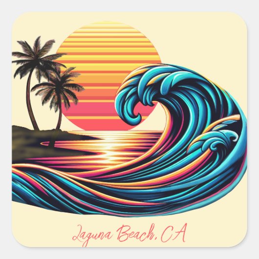 Zonsondergang Retro Surf Wave Vierkante Sticker (Voorkant)