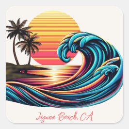 Zonsondergang Retro Surf Wave Vierkante Sticker