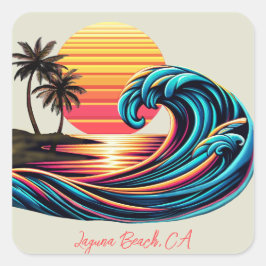 Zonsondergang Retro Surf Wave Vierkante Sticker